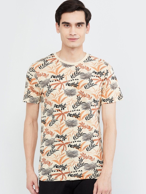 

max Men Beige Floral Print Round Neck T-shirt