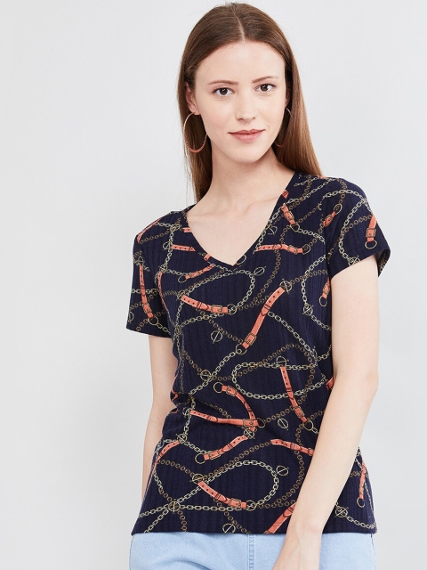 

max Women Navy Blue Printed Round Neck T-shirt