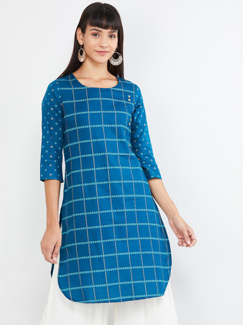 

max Women Teal Blue & White Checked Pure Cotton Kurti
