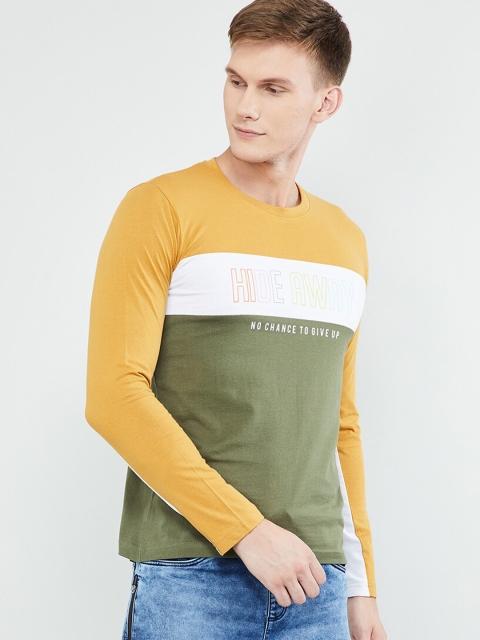 

max Men Olive Green & Mustard Yellow Colourblocked Round Neck T-shirt