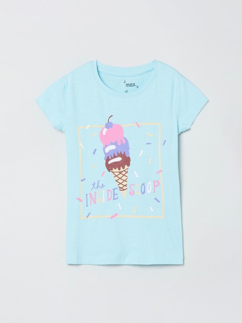 

max Girls Blue Printed Round Neck T-shirt