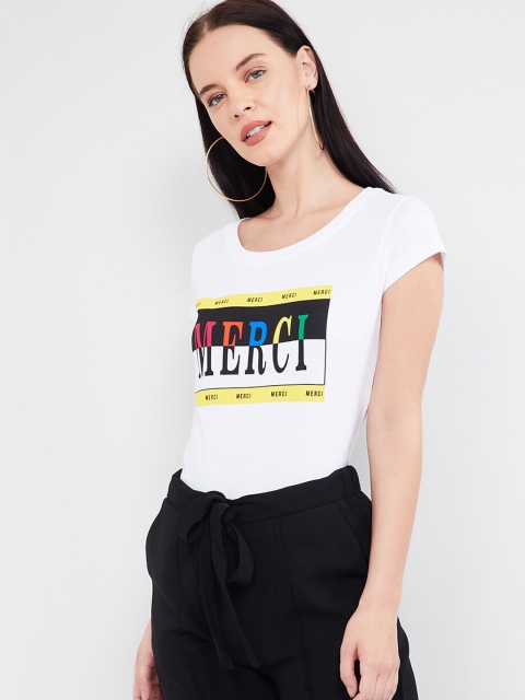 

max Women White Printed Round Neck T-shirt