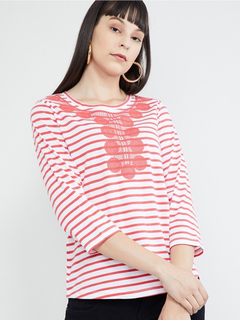 

max Women White & Pink Striped Round Neck T-shirt