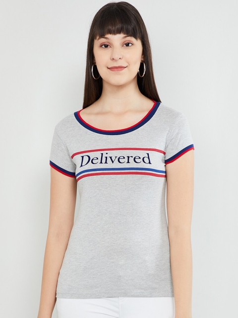 

max Women Grey Printed Round Neck T-shirt