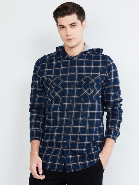 

max Men Navy Blue & Grey Regular Fit Checked Casual Hooded Shirt
