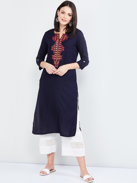 

max Women Navy Blue Embroidered Straight Kurta