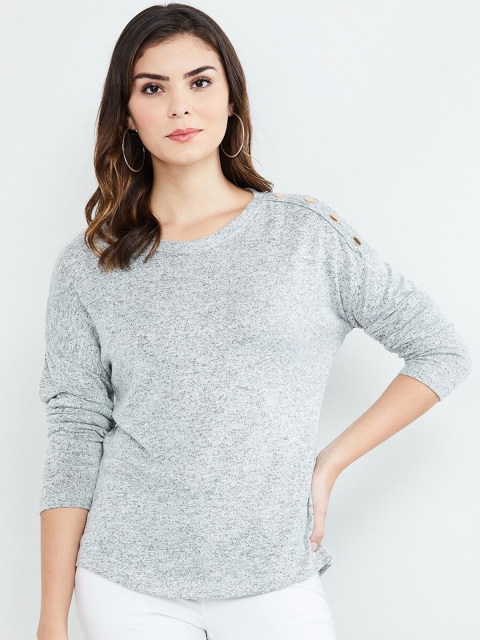 

max Women Grey Melange Solid Round Neck T-shirt