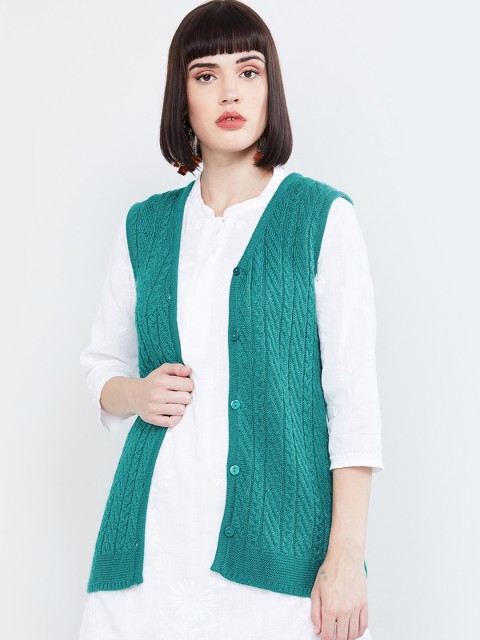 

max Women Green Self Design Cardigan Sweater