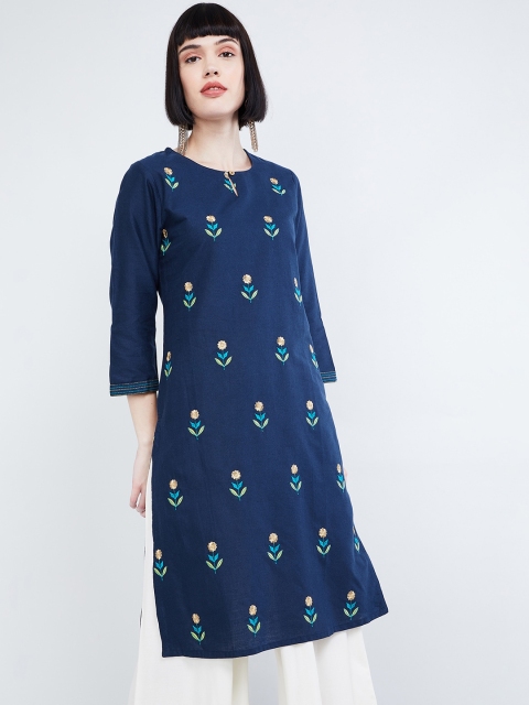 

max Women Navy Blue & Lime Green Floral Embroidered Straight Kurta