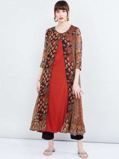 

max Women Burgundy & Orange Printed A-Line Layered Kurta