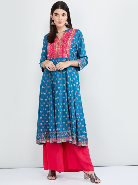 

max Women Teal Blue Printed A-Line Kurta