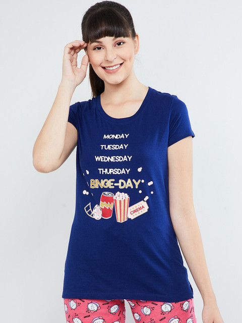 

max Women Navy Blue & White Printed Lounge T-Shirt