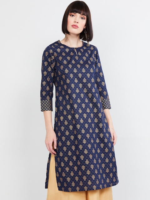 max Women Navy Blue & Beige Printed A-Line Kurta