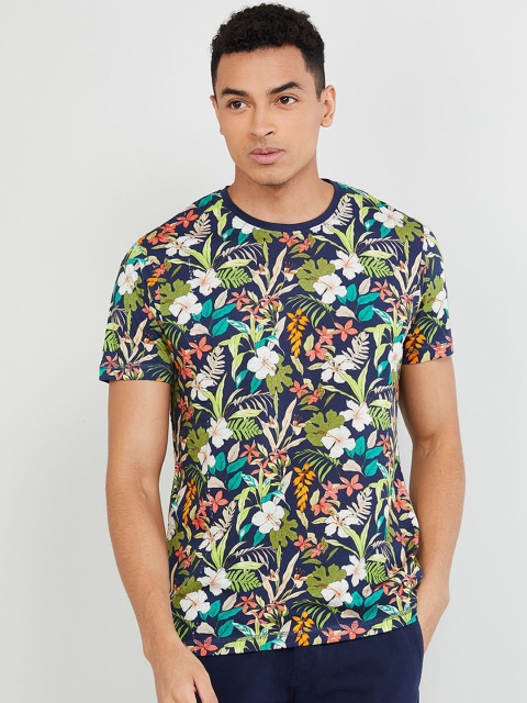 

max Men Blue Printed Round Neck T-shirt