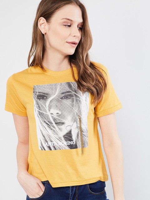 

max Women Yellow Printed Round Neck T-shirt