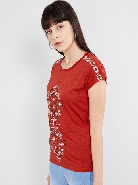

max Women Rust Orange Printed Round Neck T-shirt