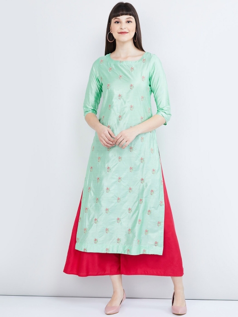 

max Women Green Embroidered Straight Kurta