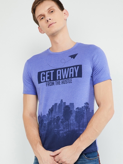 

max Men Blue Printed Round Neck T-shirt