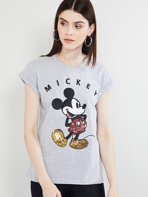 

max Women Grey Melange Mickey Mouse Printed Round Neck T-shirt