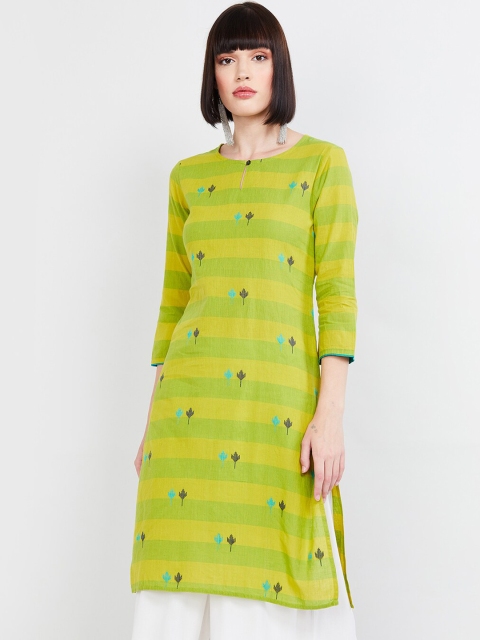 

max Women Lime Green & Blue Striped Straight Kurta