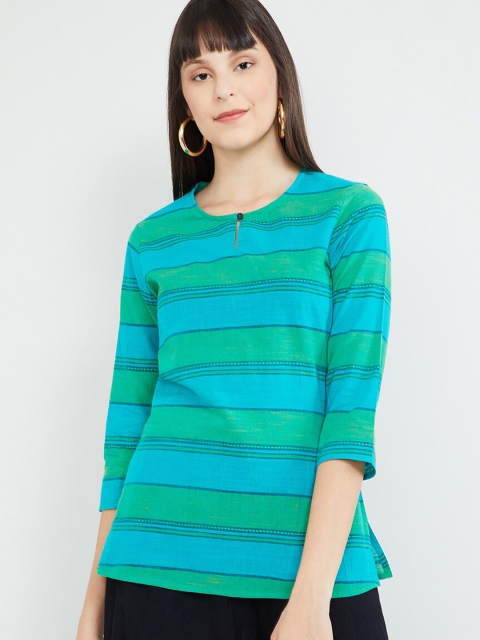 

max Women Lime Green & Blue Striped Straight Kurti