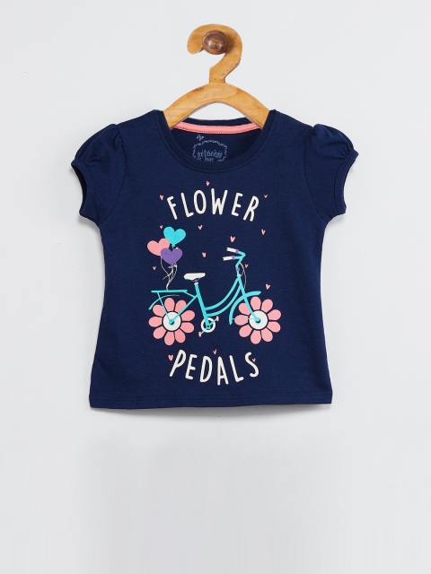 

max Girls Navy Blue Printed Round Neck T-shirt