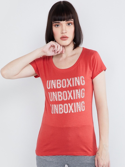 max Women Coral Red Printed Round Neck T-shirt
