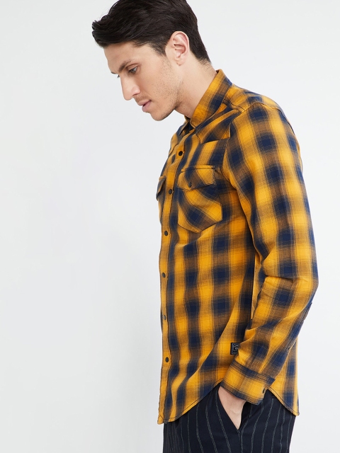 

max Men Mustard Yellow & Navy Blue Slim Fit Checked Casual Shirt