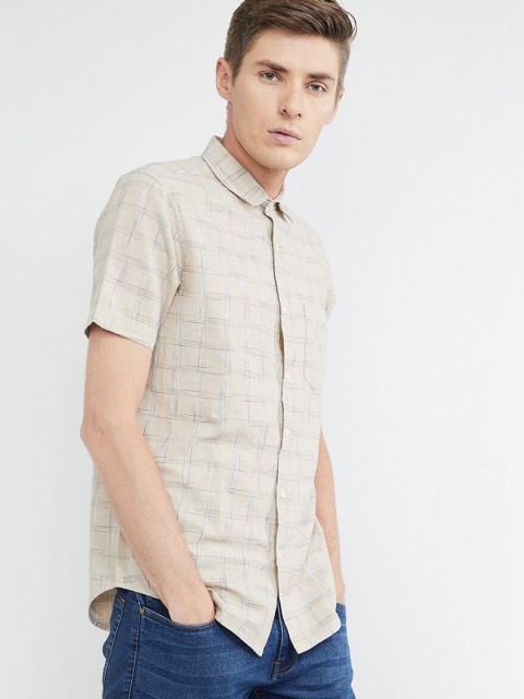 max Men Beige Slim Fit Checked Casual Shirt