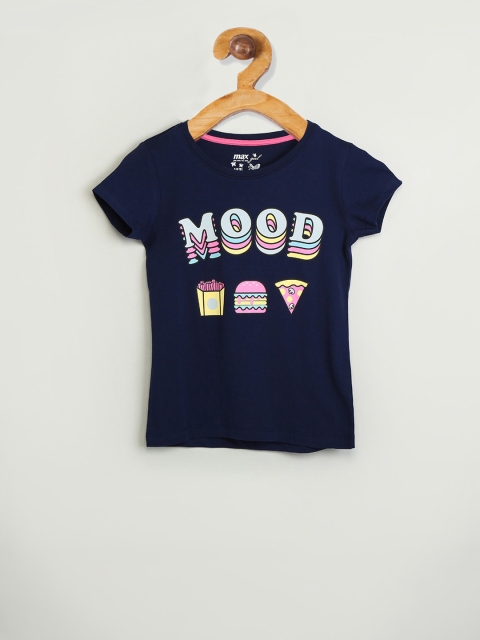 

max Girls Navy Blue & Pink Printed Round Neck T-shirt