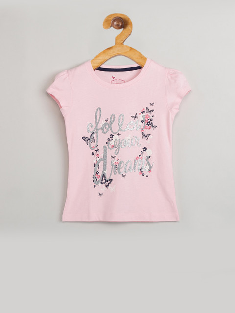 

max Girls Pink Self Design Round Neck T-shirt