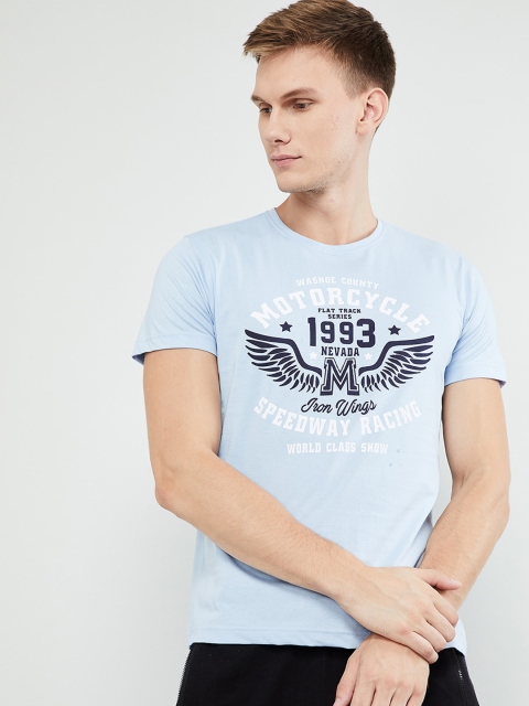 

max Men Blue Printed Round Neck T-shirt