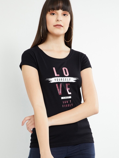

max Women Black & Pink Printed Round Neck T-shirt
