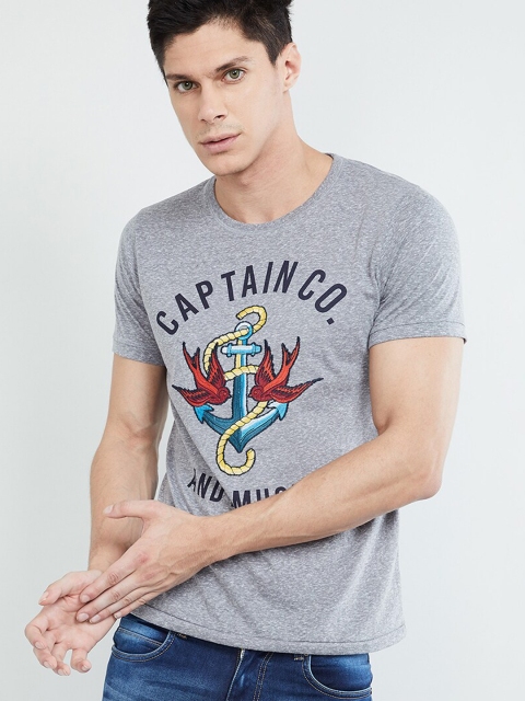 

max Men Grey Printed Round Neck T-shirt