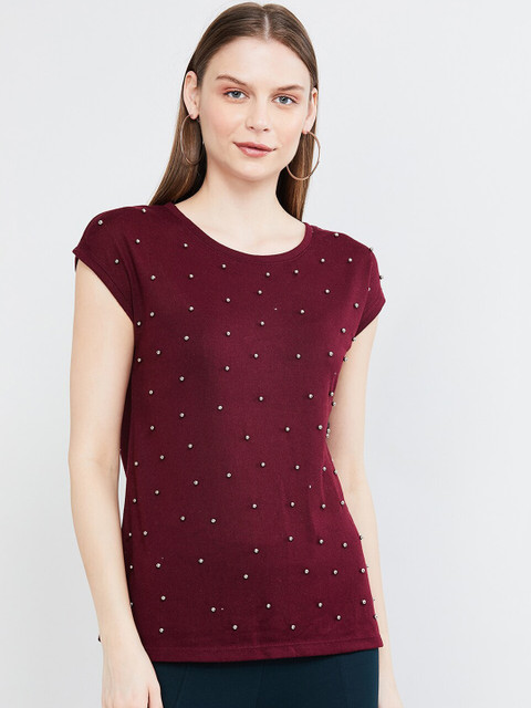 

max Women Maroon Embellished Round Neck T-shirt
