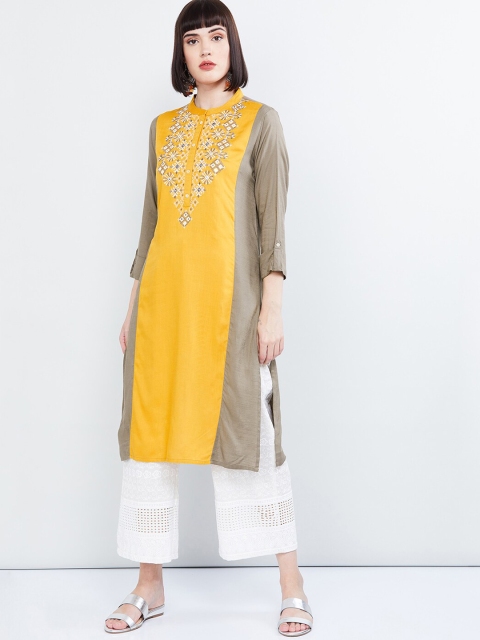 

max Women Yellow & Grey Yoke Design Straight Kurta