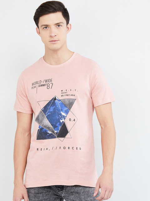 

max Men Pink Printed Round Neck T-shirt