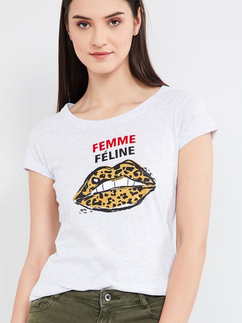 

max Women Grey Melange & Mustard Yellow Printed T-shirt