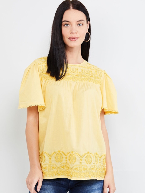 

max Women Yellow Embroidered Blouson Pure Cotton Top