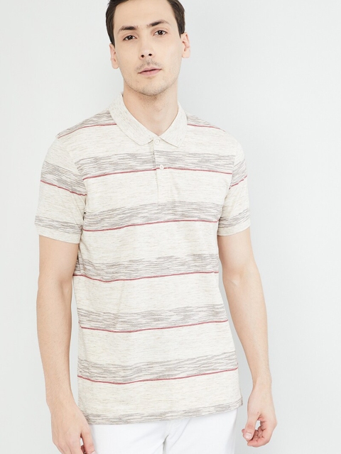 

max Men Beige & Brown Striped Polo Collar T-shirt