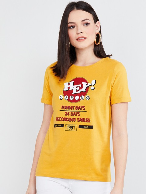 

max Women Yellow Printed Round Neck T-shirt