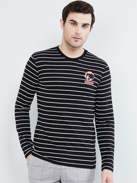 

max Men Black & White Striped Round Neck T-shirt