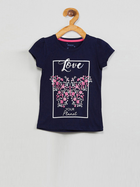 

max Girls Blue Printed Round Neck T-shirt