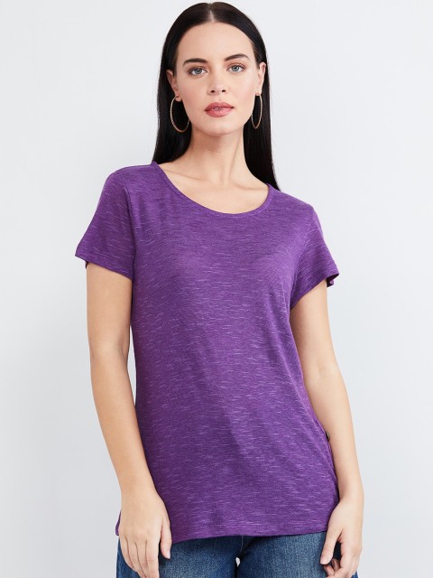 

max Women Violet Solid Round Neck T-shirt