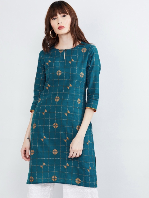

max Women Teal Blue & Brown Checked Straight Kurta