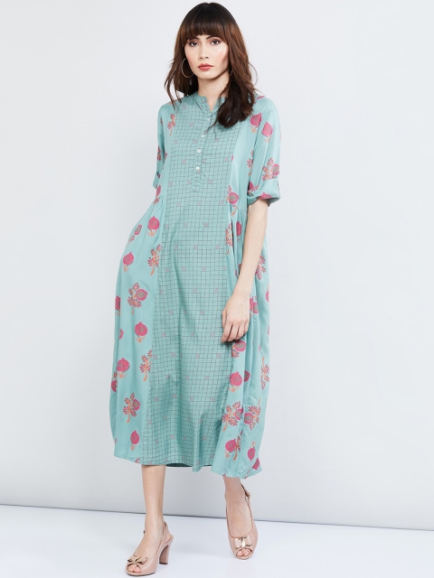 

max Women Sea Green & Pink Floral Printed Ethnic Fit and Flare Dress
