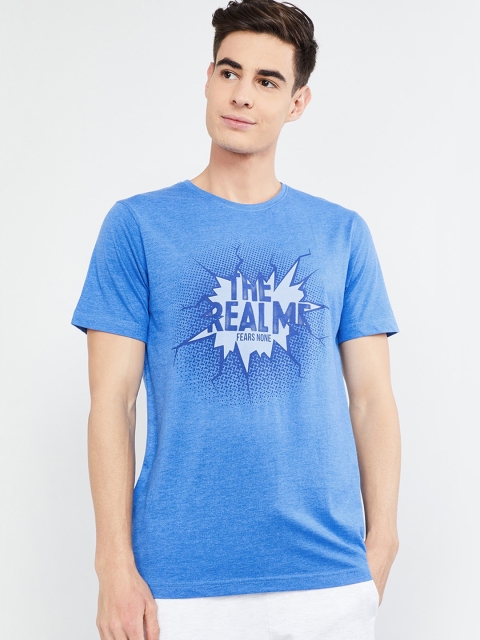 

max Men Blue Printed Round Neck T-shirt