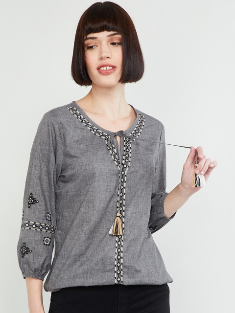 

max Women Grey Solid Embroidered Detail Top