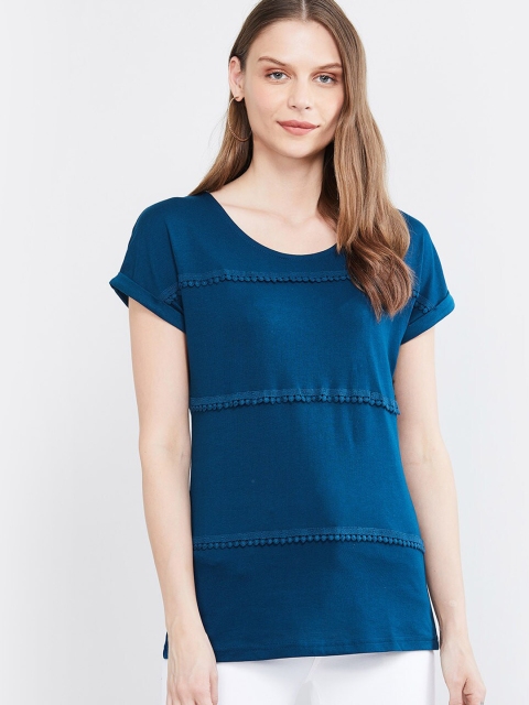 

max Women Blue Solid Round Neck T-shirt