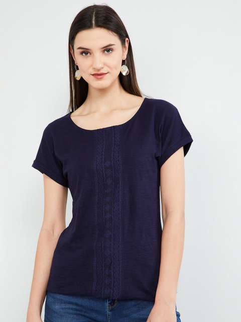 

max Women Navy Blue Embroidered Top